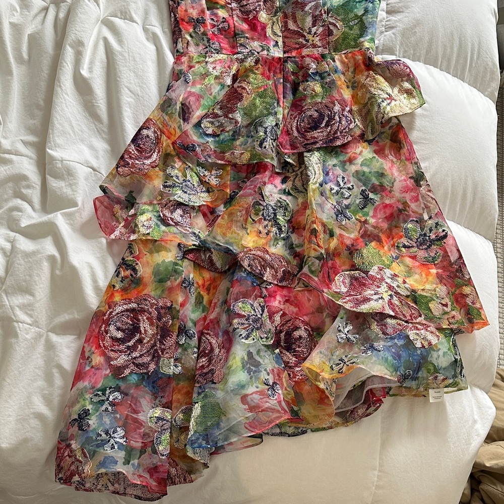 Marchesa Multicolor Embroidery Asymmetrical Tiered Midi Dress - Picture 7 of 7